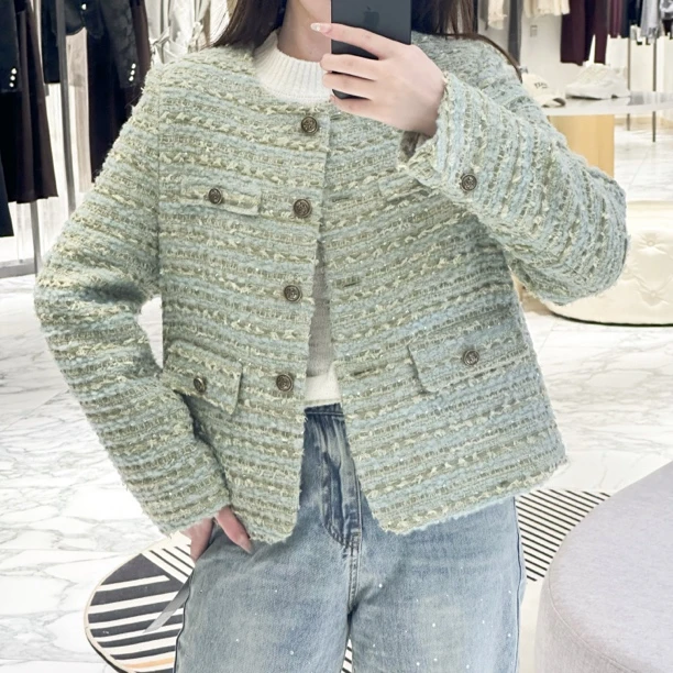 小香风外套女秋季新款复古高级设计感绿色显瘦气质短外套