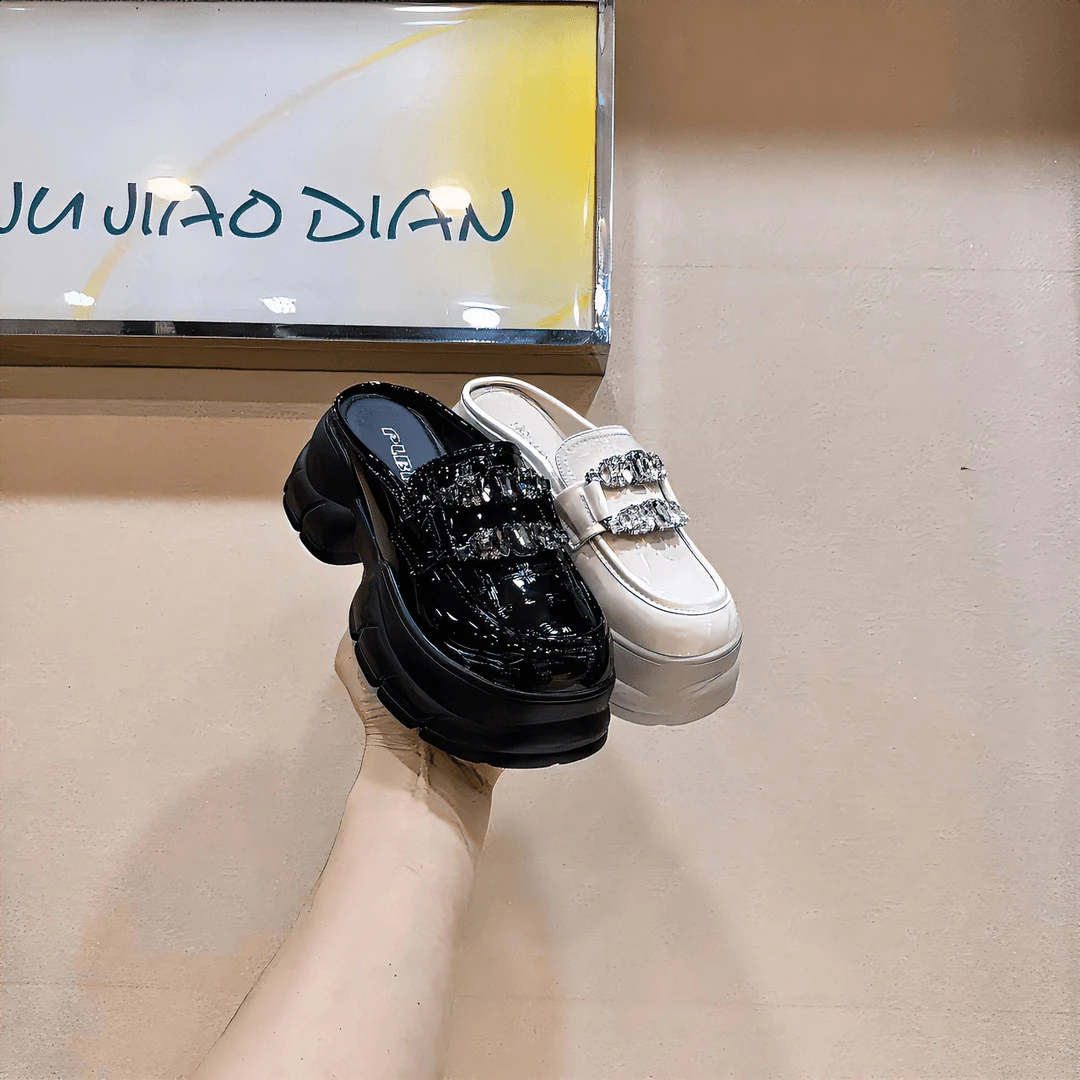 2024秋季新款方扣水钻厚底包头拖鞋女时尚百搭潮流无后跟懒人半鞋