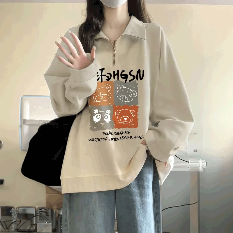 波西维拉半拉链卫衣女爆款秋冬宽松无帽加绒polo领大码慵懒风上衣