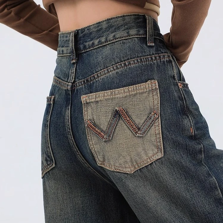 波西维拉秋装美式复古高腰阔腿牛仔裤女小个子欧货古着裤子秋冬季