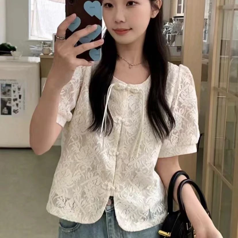 2024新款百搭韩版甜美小香风复古夏季设计感法式蕾丝时尚衬衫上衣