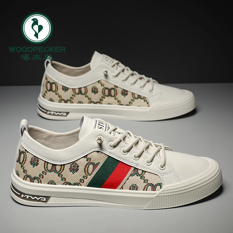 正品啄木鸟男士春季休闲鞋时尚布面透气低帮运动休闲鞋百搭小白鞋