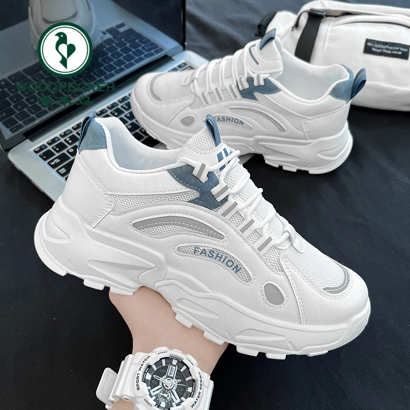 正品啄木鸟春季小白鞋男鞋休闲潮鞋增高厚底运动鞋学生百搭网面鞋