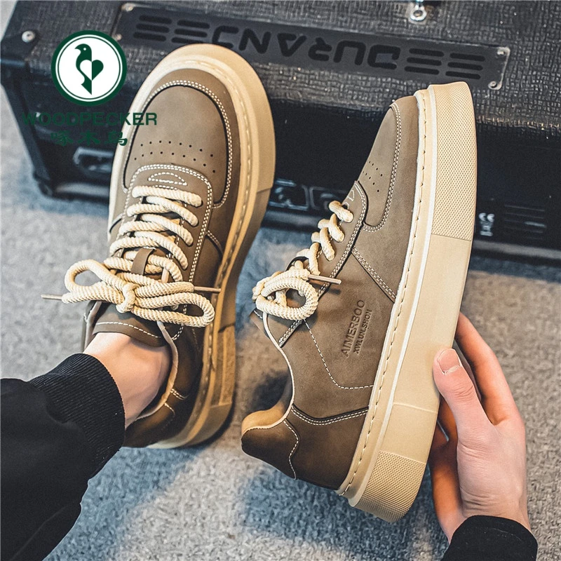 正品啄木鸟男鞋春季新款百搭加厚低帮板鞋潮流厚底增高休闲鞋潮鞋