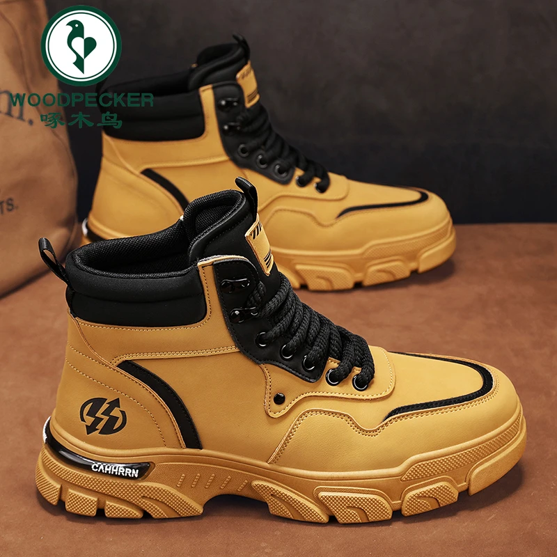 啄木鸟马丁靴春季男款高帮百搭英伦风复古靴男士厚底防滑工装靴