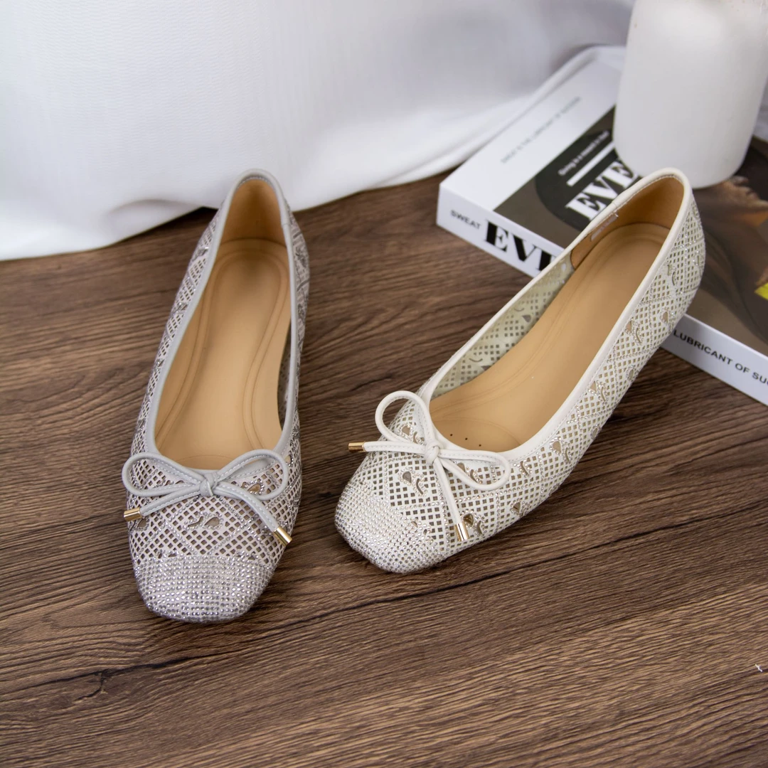 2024夏季新款1CM牛皮单鞋蝴蝶结舒适休闲百搭春夏防滑软底方头鞋.