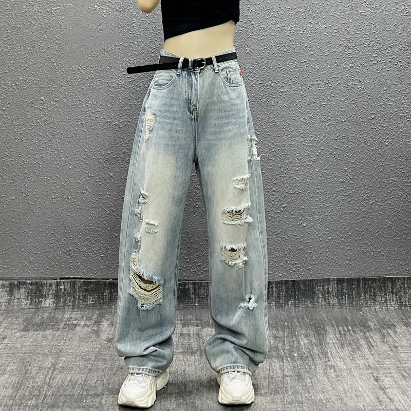 潮牌破洞设计休闲牛仔裤女夏夏季高腰宽松显瘦美式百搭阔腿拖地裤