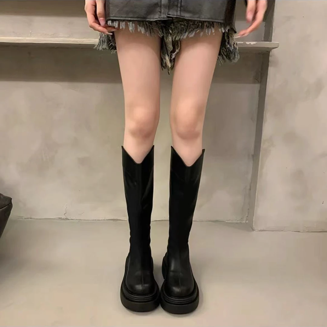 厚底英伦长筒靴秋冬2024高筒靴女显瘦西部骑士靴子X10