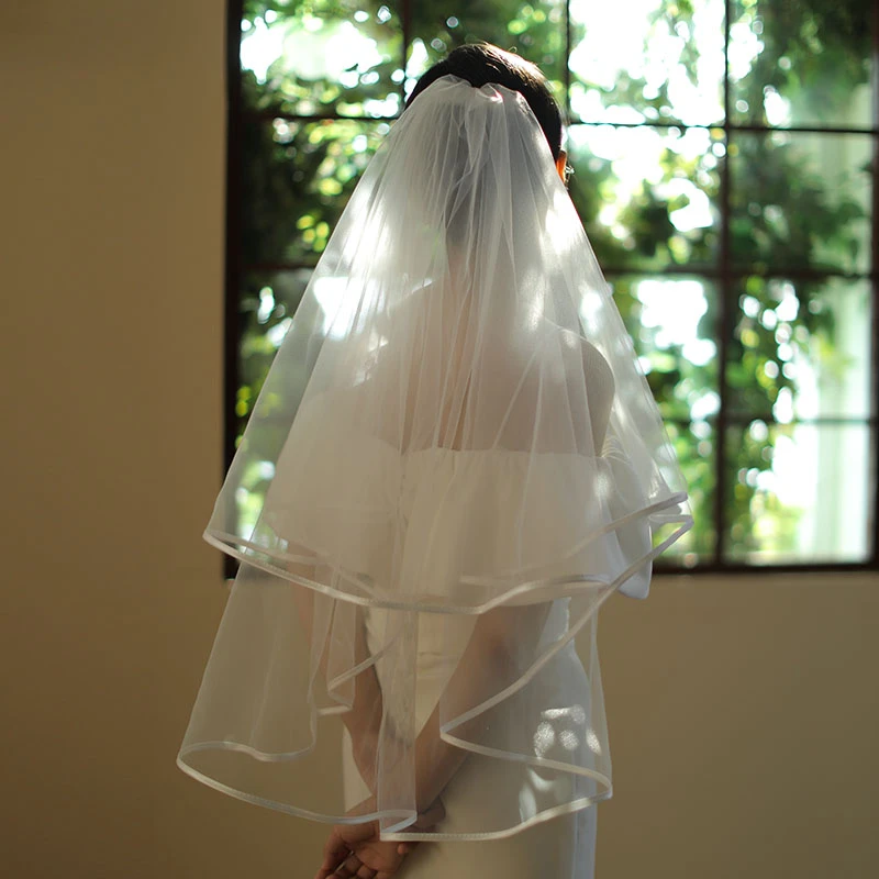 张馨予短款头纱包边白色简约双层遮面缎面超仙领证求婚结婚头饰