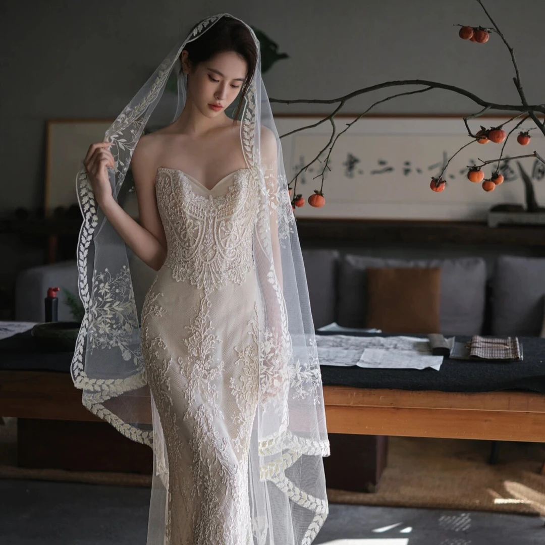 新娘麦穗头纱复古蕾丝长款结婚头饰余爱同款超仙婚纱摄影新娘头纱
