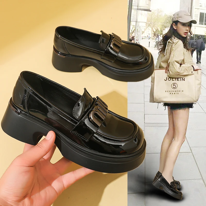 高品质圆头亮面轻便乐福鞋百搭复古女单鞋时尚日系厚底粗跟女潮鞋