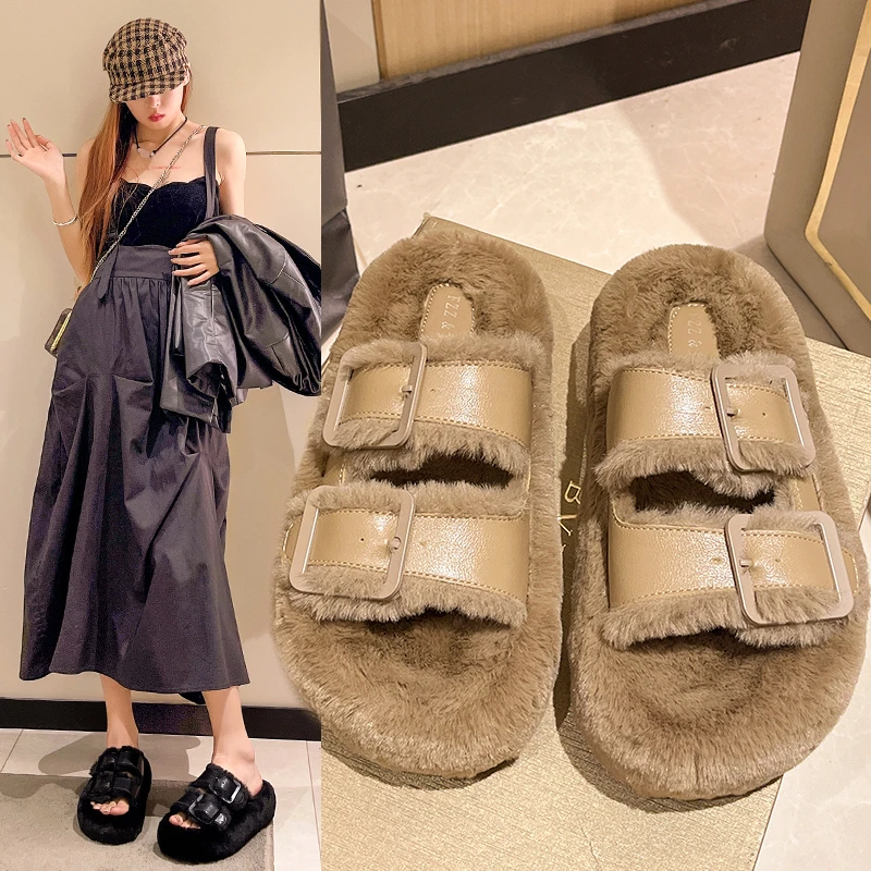 搭扣毛毛拖鞋女外穿2024秋冬新款韩版加厚居家拖保暖加绒一字棉拖