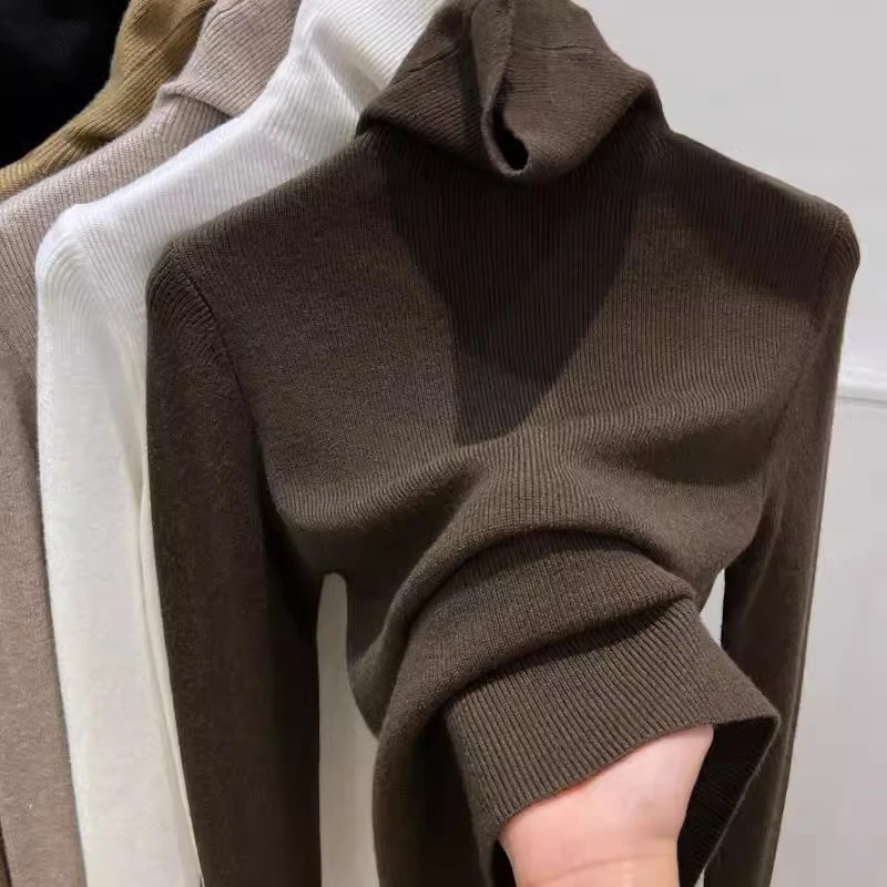 秋冬季新款堆堆高领咖啡色针织打底衫女内搭修身咖色软糯毛衣上衣