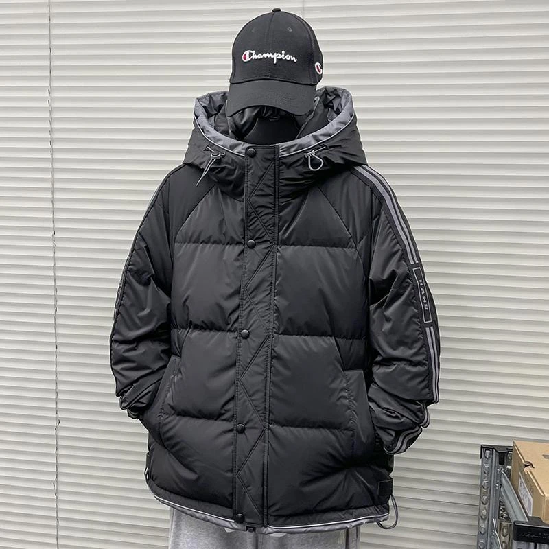 羽绒服男潮牌2024厚冬条纹外套青少年东北初高中大学生冲锋衣派克