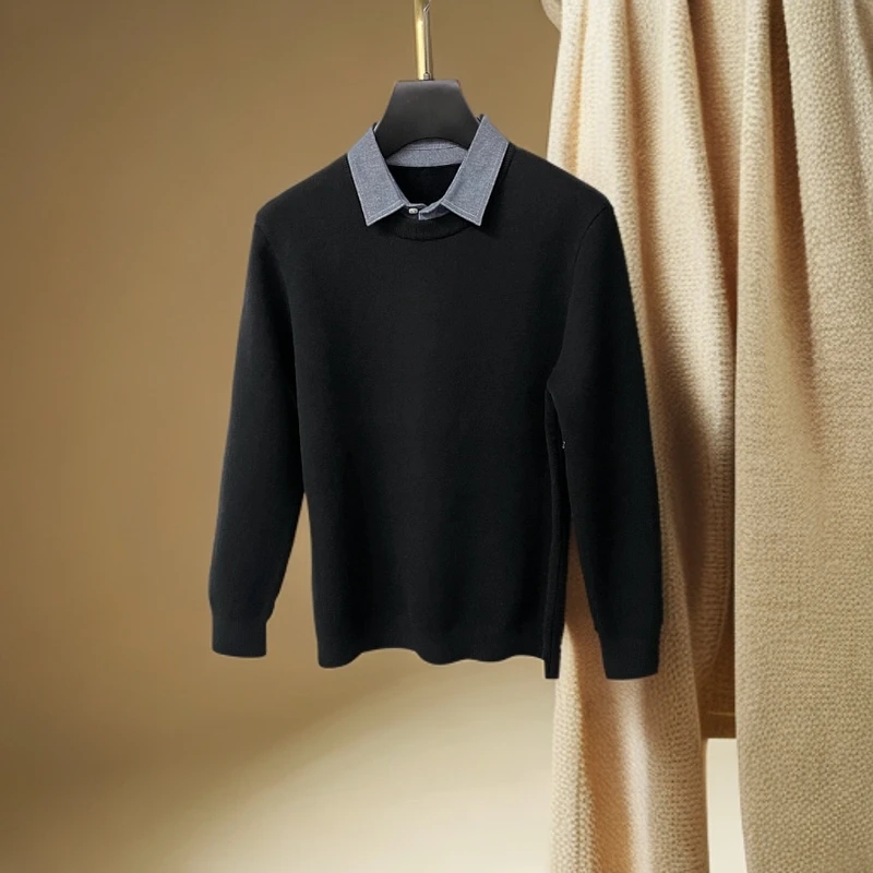 秋冬新款男士加绒时尚百搭保暖长袖假两件8021