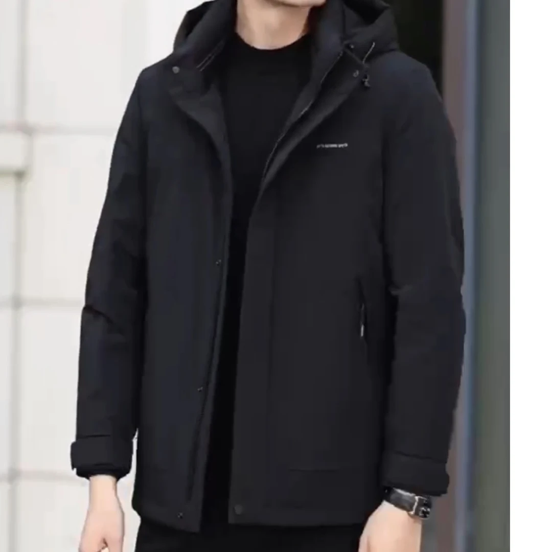 高端男装商务休闲百搭潮流活里活面中长款保暖连帽鹅绒服23966