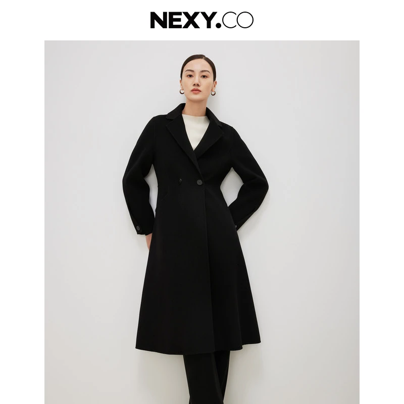 NEXY.CO/奈蔻大衣气质时尚女士黑色羊绒毛呢中长款秋冬XL01008W0