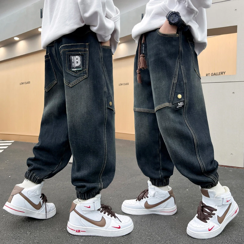 男童春秋束脚牛仔裤冬装2025新款儿童男孩中大童潮加绒休闲裤子潮