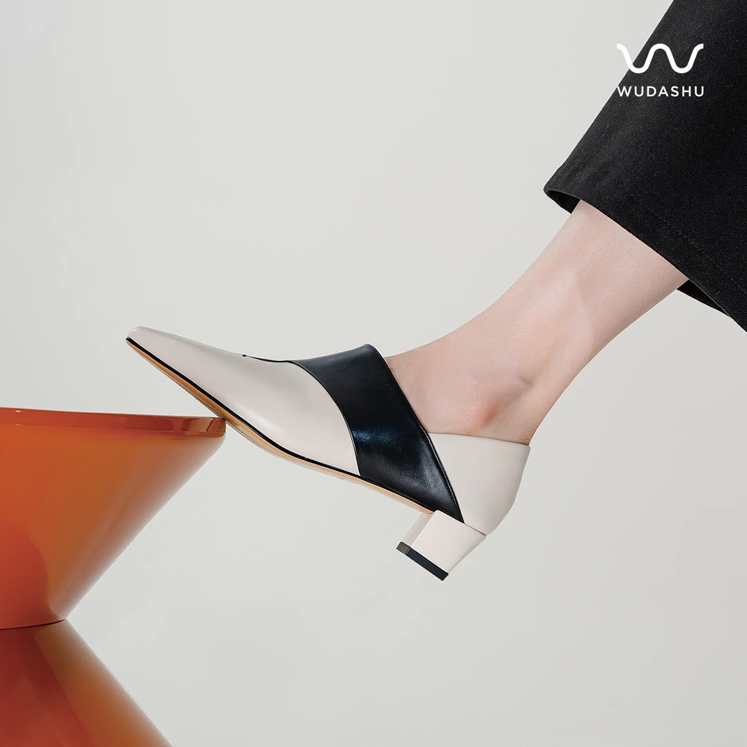 吴大叔2024年春秋新款时尚百搭拼色跟鞋真皮穆勒鞋90-010