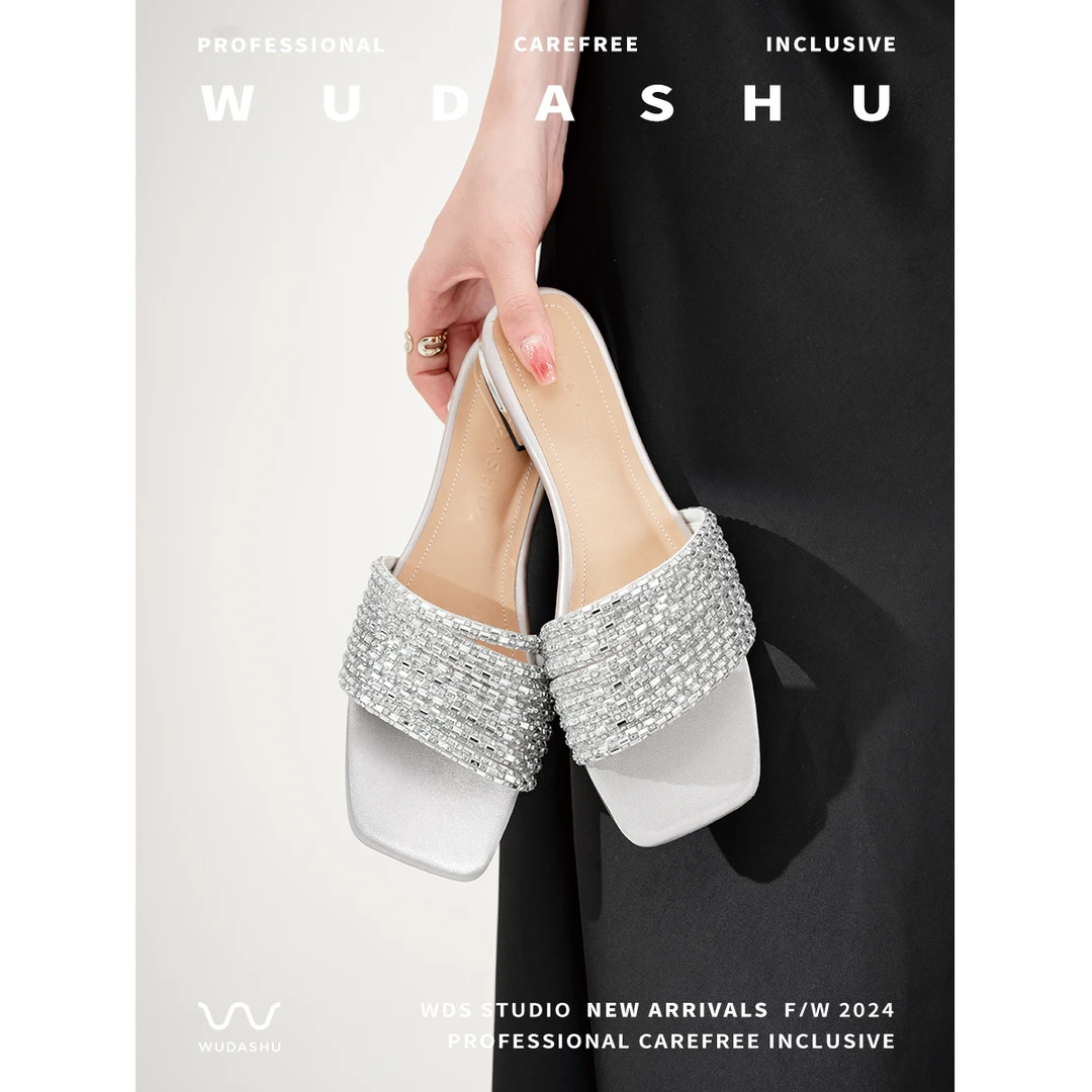 吴大叔2024年春夏新款气质时尚外穿法式百搭中跟方头一字拖10-519