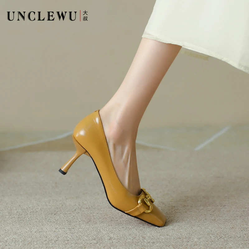 吴大叔春季新款真皮女鞋欧美方头细跟纯色高跟鞋日常百搭浅口单鞋