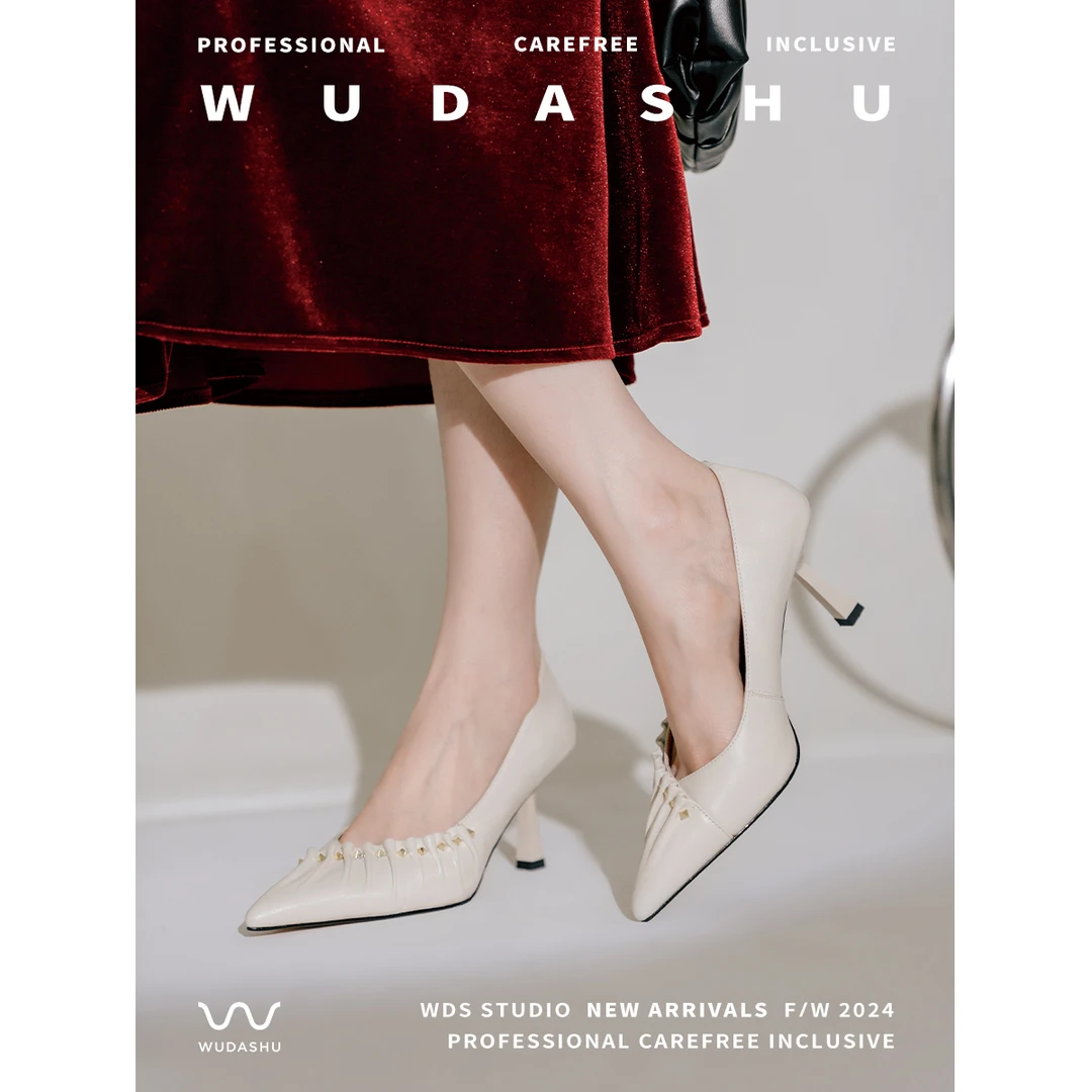 吴大叔2024年春秋新款时尚百搭细跟法式小众尖头浅口高跟鞋63-183