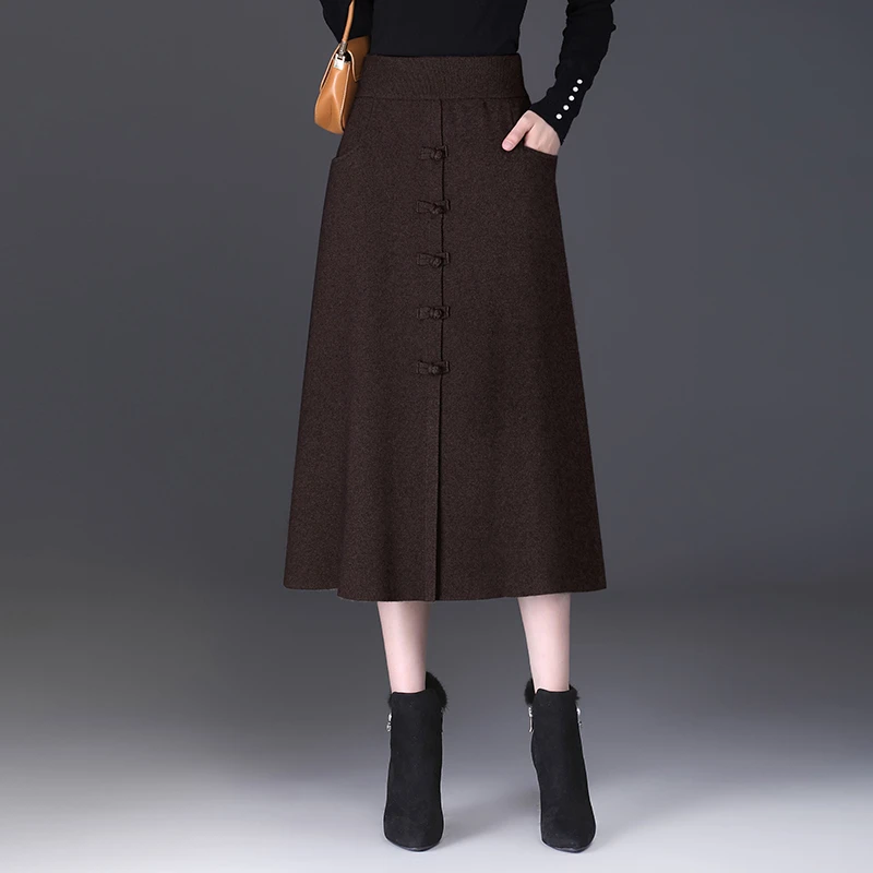 气质盘扣裙女秋冬新款加厚半身裙高腰显瘦中长款A字裙子