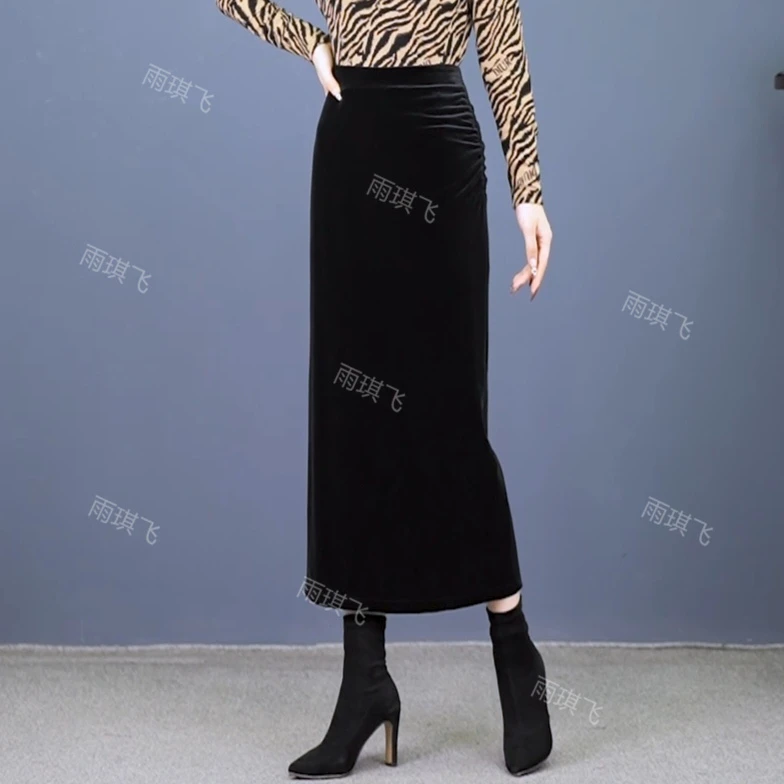 半身裙女秋冬款褶皱包臀裙长裙高腰开叉复古显瘦一步裙