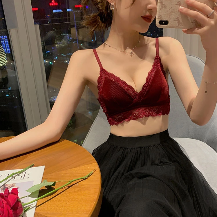 维多利亚内衣女薄款大胸显小胸聚拢文胸丝绒法式三角杯红色bra结