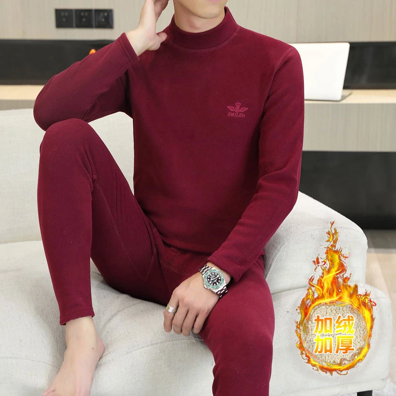 维多利亚新款德绒保暖内衣套装男士冬季中圆领防寒加绒加厚秋衣秋
