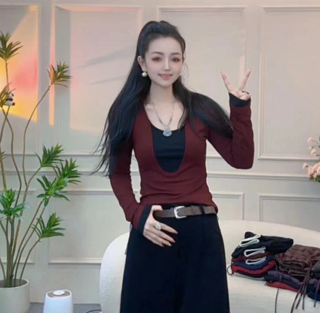 百搭长袖修身弹力撞色U领打底衫上衣536