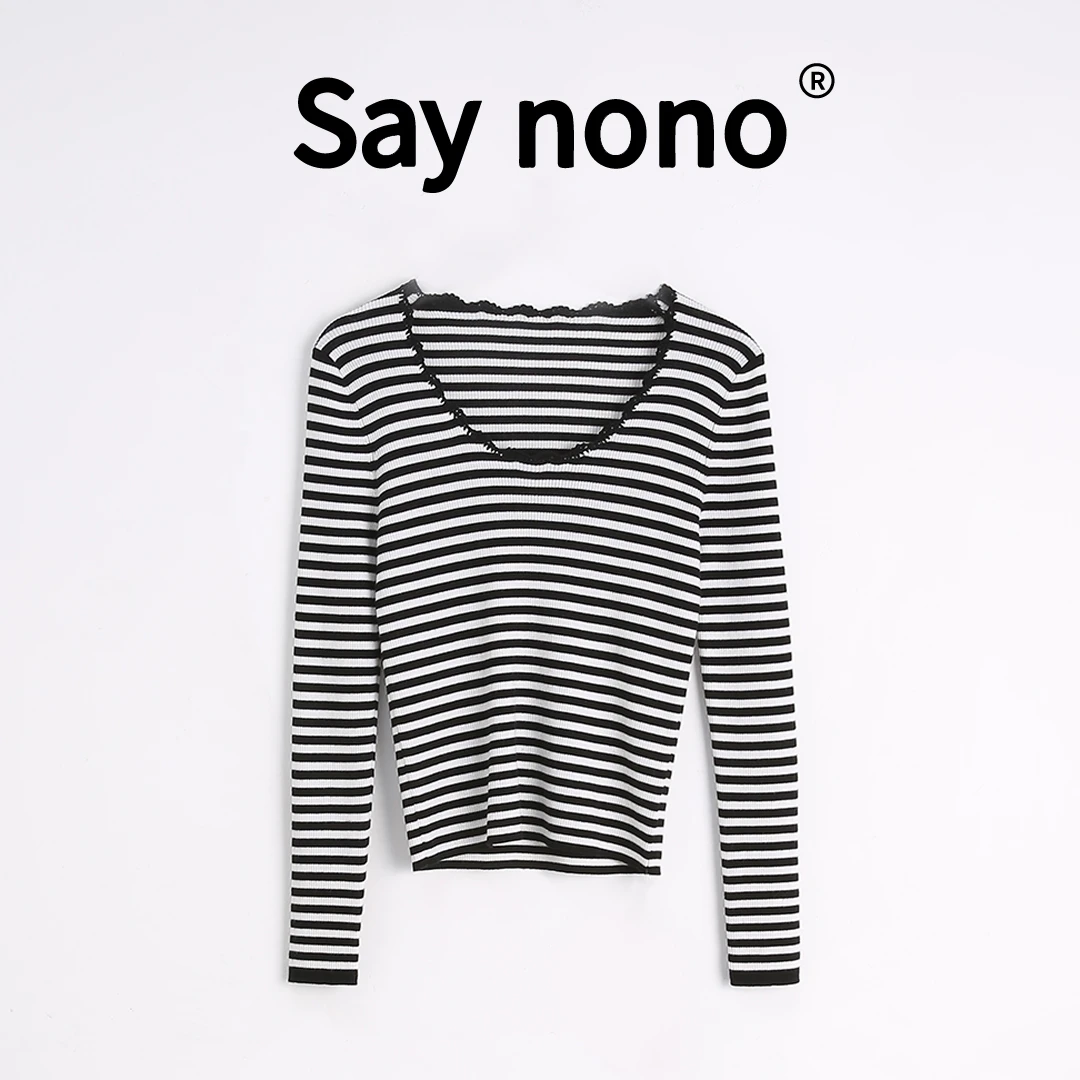 懒猫nono│Saynono 经典条纹＿花边U领100%羊毛修身打底衫/T24152