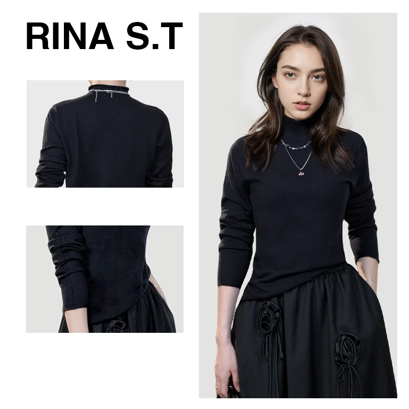 【RINA S.T】2024新款女士百搭时尚半高领蚕丝羊毛衫