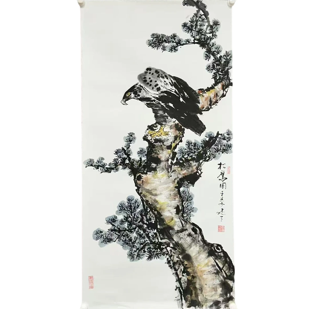 080《松鹰图》老鹰 松树 挂书房 客厅 茶室 王建芝 画芯50✘100