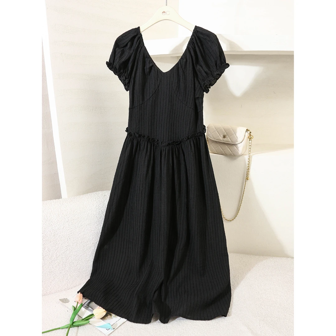 宁熙ec原创泡泡袖木耳边收腰V领连衣裙7075