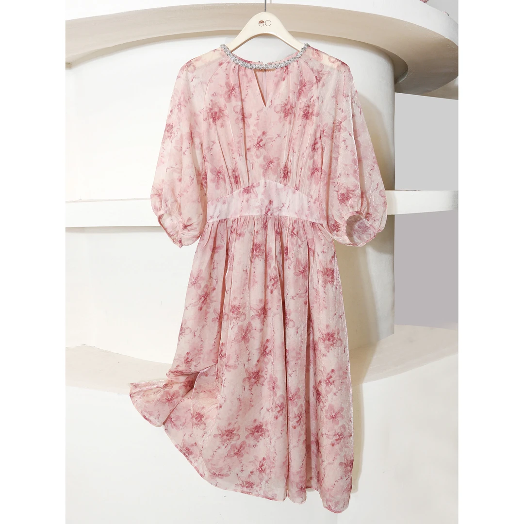 宁熙EC原创法式粉色碎花连衣裙高级感海边度假气质收腰裙883552J