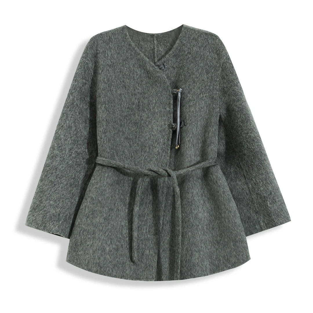 宁熙ec原创设计感复古禅意圆领高端牦牛绒羊毛呢外套W8876