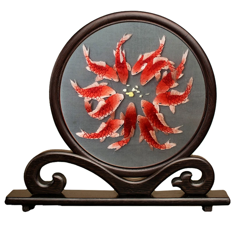 双面绣摆件台屏苏州特产鸡翅木实木手工刺绣摆台苏绣成品画蚕丝