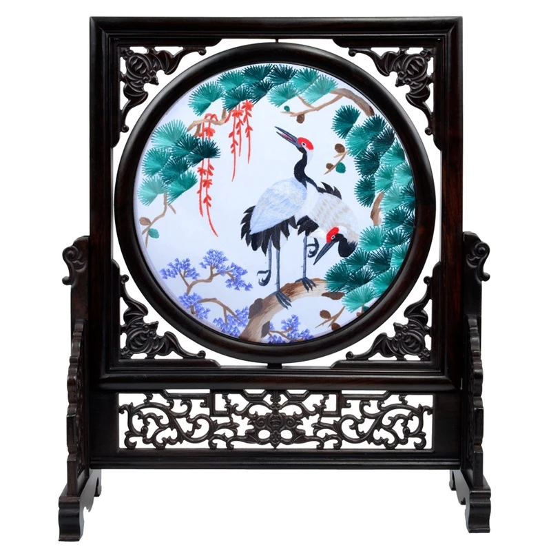 【紫光檀】 纯手工刺绣苏绣成品双面绣摆台礼品 内圆外方桑蚕丝