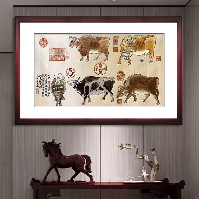纯手工苏绣成品挂画纯手工刺绣画客厅玄关书房过道装饰画五牛图