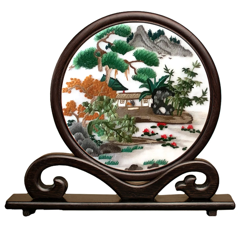 苏州苏绣双面绣摆件台屏苏州特产鸡翅木手工刺绣摆台苏绣礼品园林