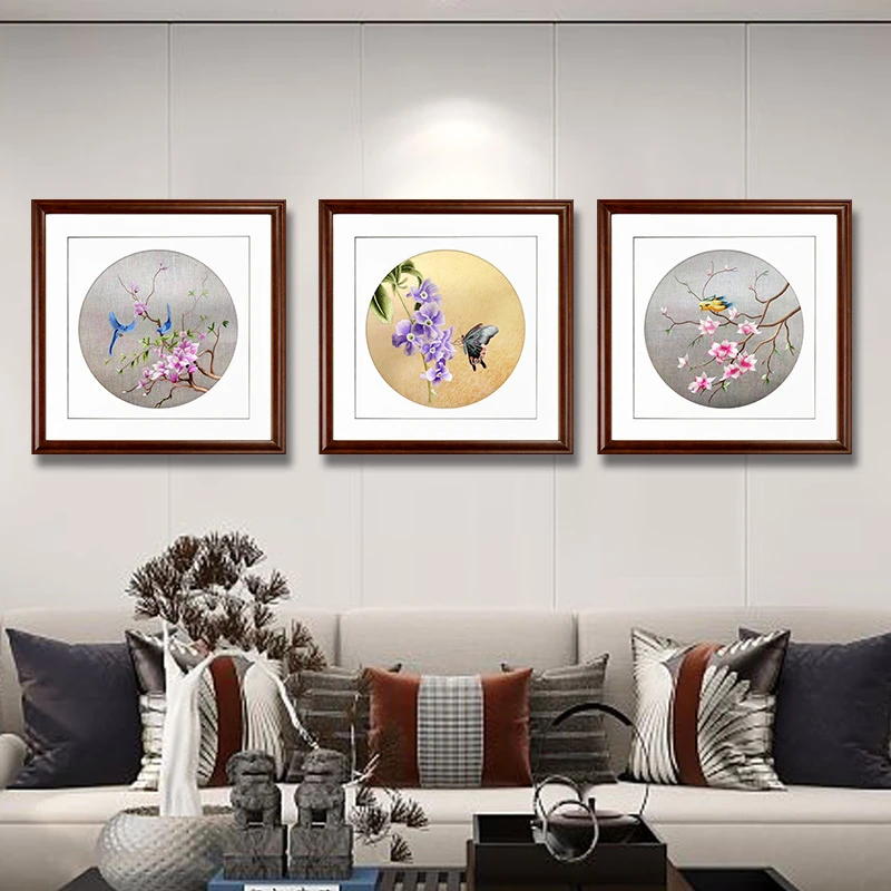 苏绣成品挂画纯手工苏州刺绣玄关客厅餐厅装饰画三联方框花鸟