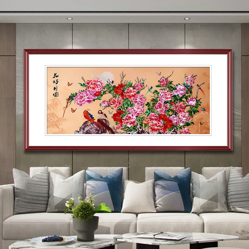 纯手工苏州刺绣画针绣苏绣成品挂画客厅中式装饰画牡丹花好月圆