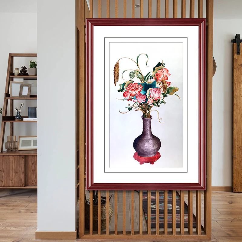 纯手工苏州刺绣苏绣中式成品挂画装饰玄关客厅郎世宁聚瑞图花瓶