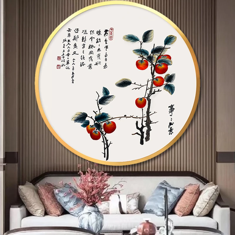 苏绣成品挂画蚕丝线客厅玄关大圆框80 100刺绣画LED灯光事事如意