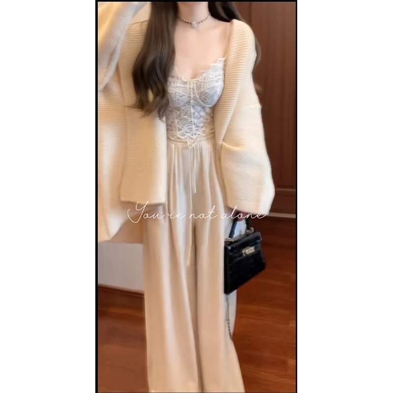 【KEKE】法式慵懒落肩系带长袖外套蕾丝背心女装秋季高腰直筒阔腿裤