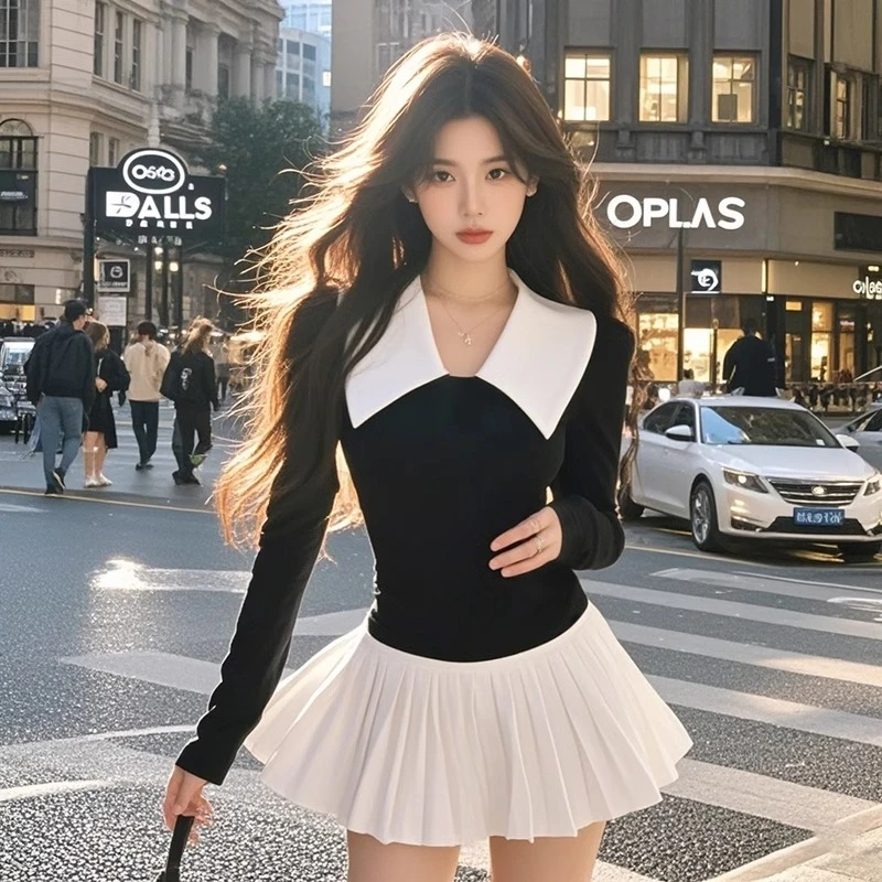 【KEKE】翻领撞色气质收腰百褶拼接连衣裙2024秋季显瘦长袖性感复古