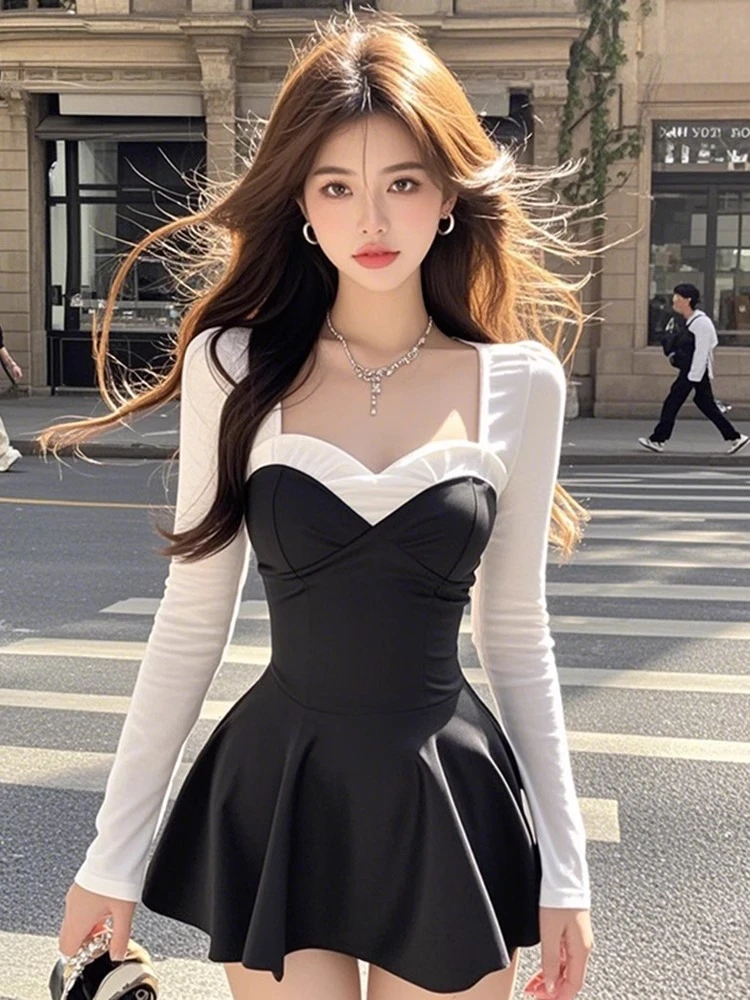 【KEKE】撞色低领长袖连衣裙女秋季富家千金收腰显瘦轻奢性感短裙子