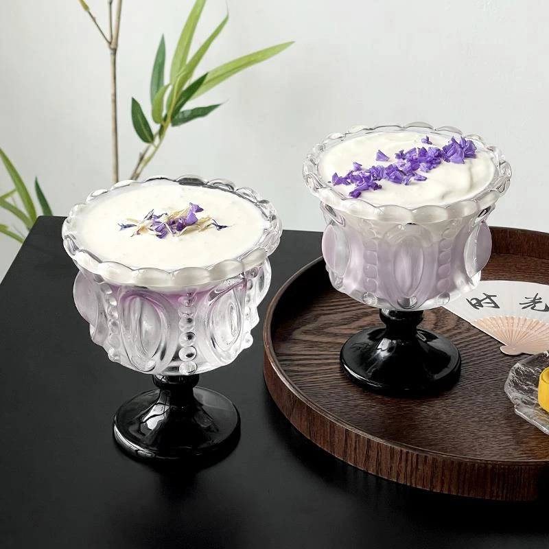 复古黑色浮雕冰淇淋高脚杯高颜值甜品杯子小众收藏玻璃杯家用酒杯