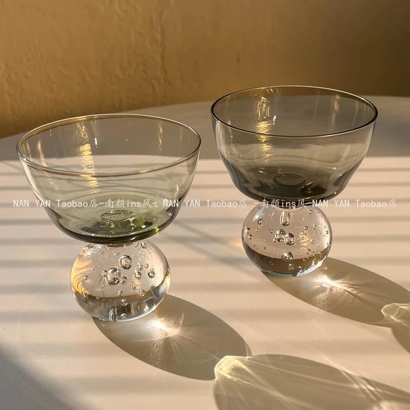 个性复古浅绿烟灰气泡珠底座玻璃酒杯手工吹制酒杯香槟杯鸡尾酒杯